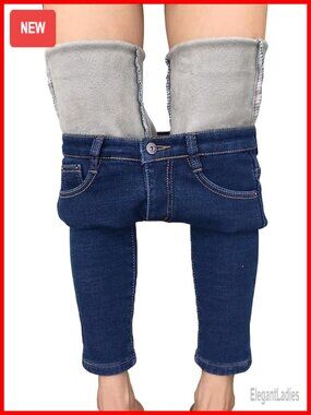 Fleece Lined Jeans Women Winter Insulated Thermal Skinny Stretch Denim Pants